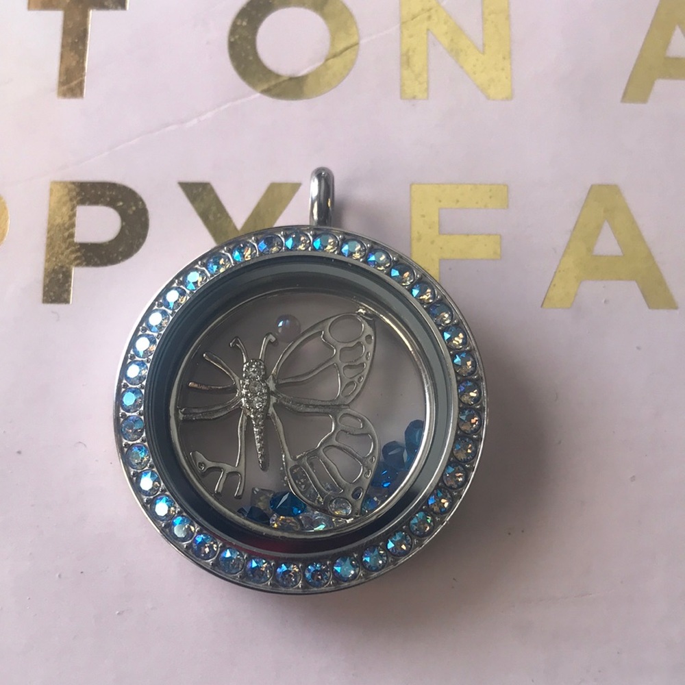 Origami Owl locket with butterfly plate and AB and blue Swarovski crystals